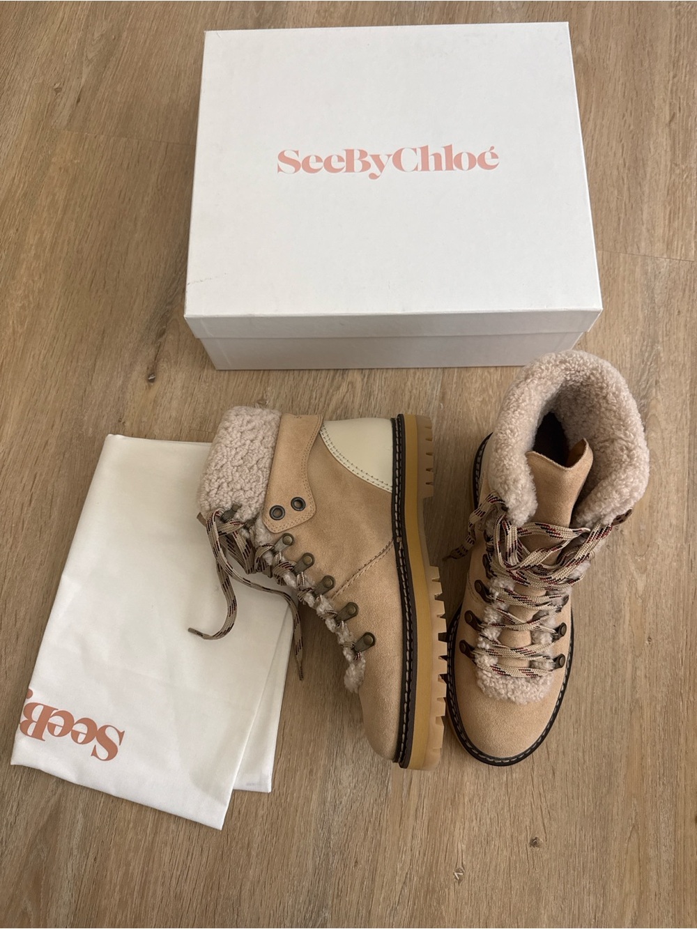 NWB See By Chloé Tan Suede Shearling-Trim Eileen Boots 38